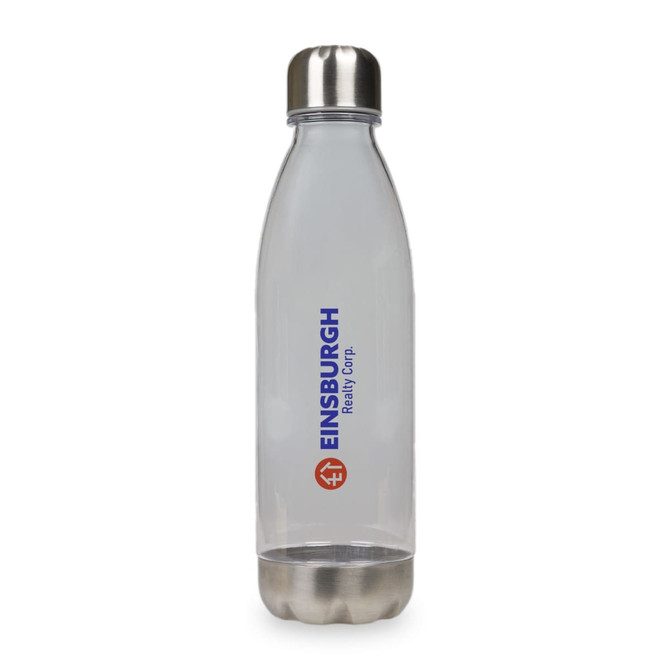 A drink bottle made of clear material with a stainless steel top, featuring a logo.