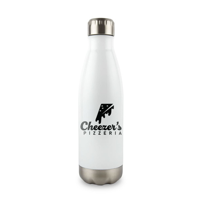A drink bottle in white with a stainless steel base and a logo design on the front.