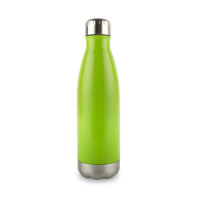 A drink bottle in bright green with a stainless steel base and top, featuring a logo.