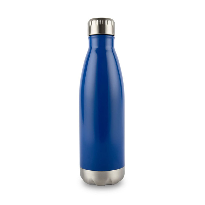 A drink bottle in a vibrant blue colour with a stainless steel base and a silver screw top. Features a logo.