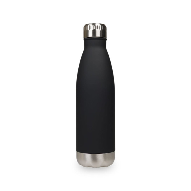 A drink bottle with a matte black finish and a stainless steel base, featuring a logo on the side.