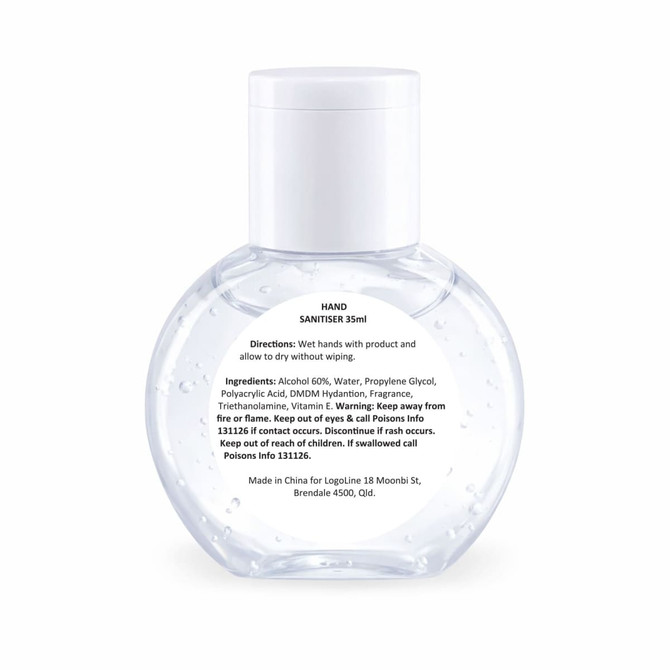 A clear, round bottle of hand sanitiser containing 35ml, with visible gel and a logo on the front.