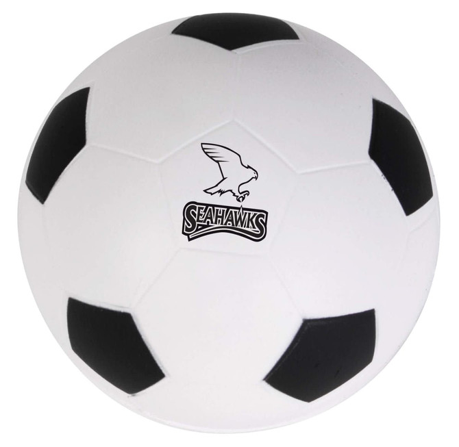 A soccer ball stress reliever featuring a classic black and white design with a printed "Seahawks" logo.