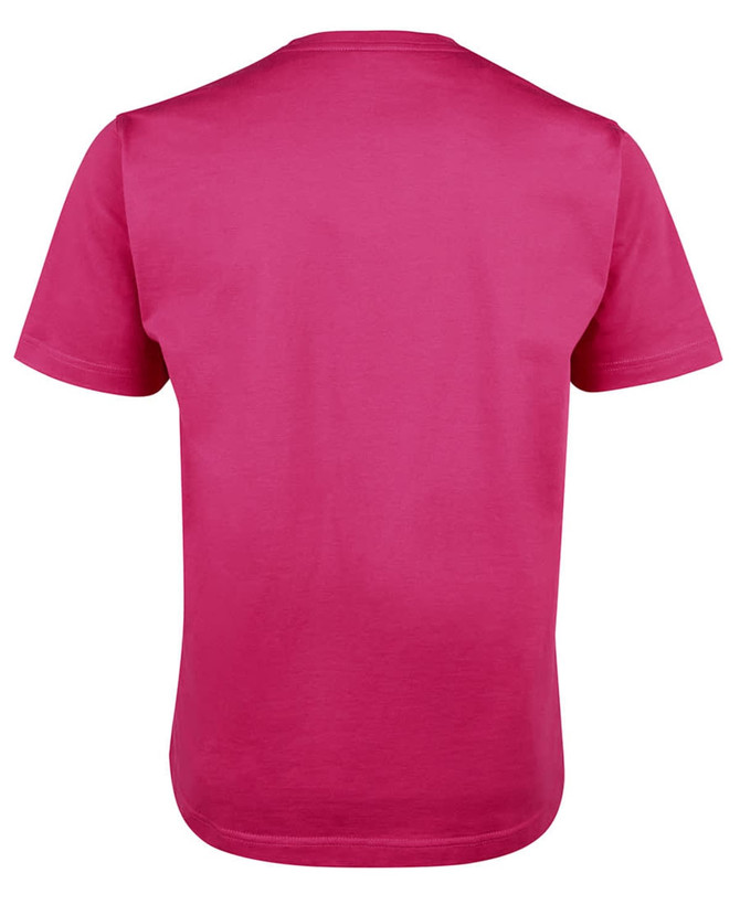 A pink T-shirt featuring a plain back design and a tag. It has short sleeves and a round neckline.