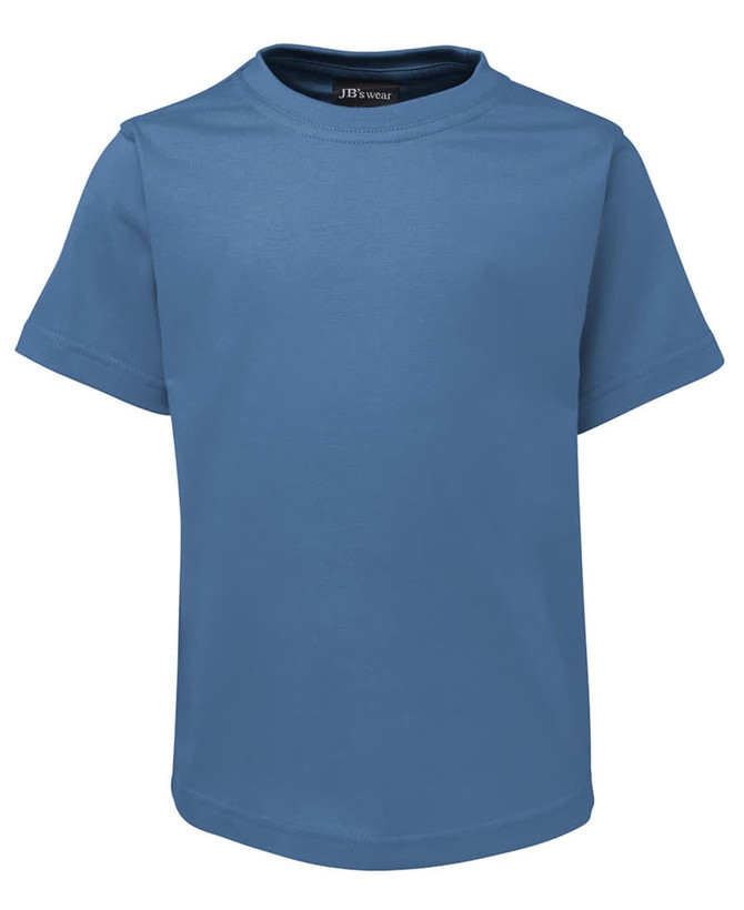A blue children's T-shirt with short sleeves and a round neckline, featuring a logo inside the collar.