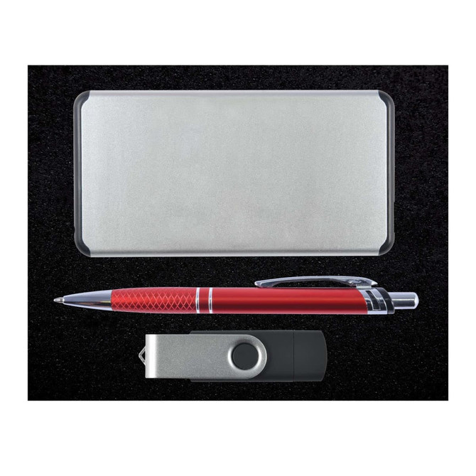 A silver card case, a red and silver pen, and a black USB drive are arranged together in this Harbor Gift Set.