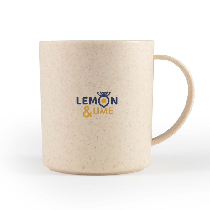 A cream-coloured mug with a handle featuring a logo in blue and yellow.