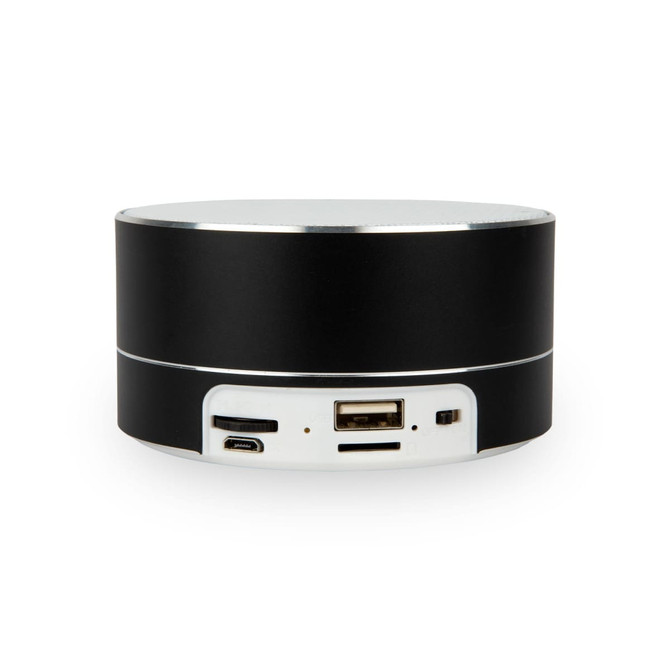 A black cylindrical speaker with USB and AUX ports on the side. It has a sleek, modern design.