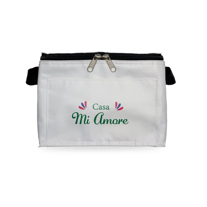 A white cosmetic bag with a zip closure, featuring a front design with green and red decorative elements.