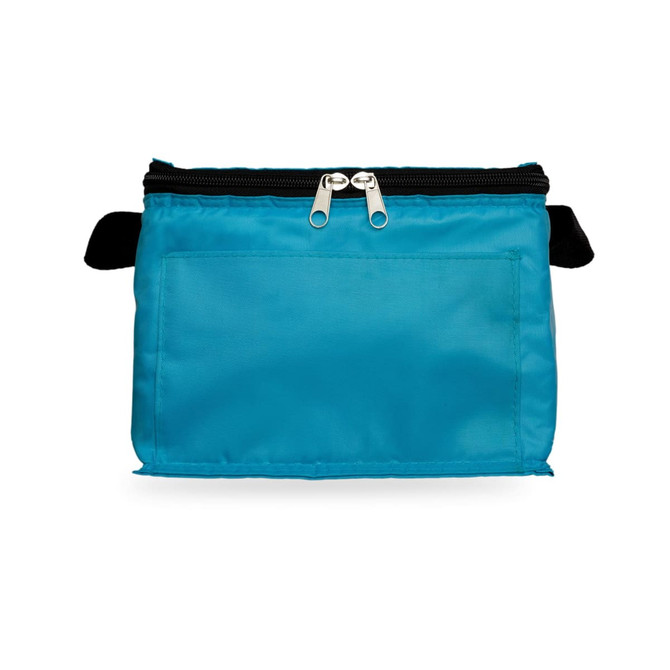 A teal zippered pouch with black accents, featuring a secured compartment and a flat back. It has a simple design.