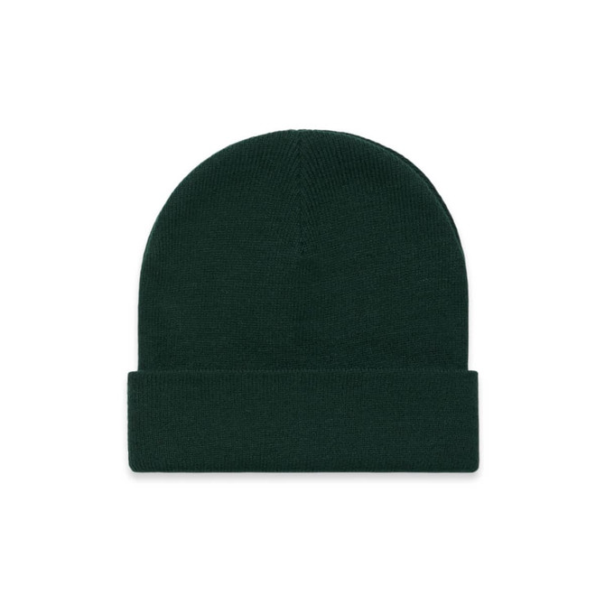 A dark green cuff beanie with a folded brim, featuring a simple design and a logo.