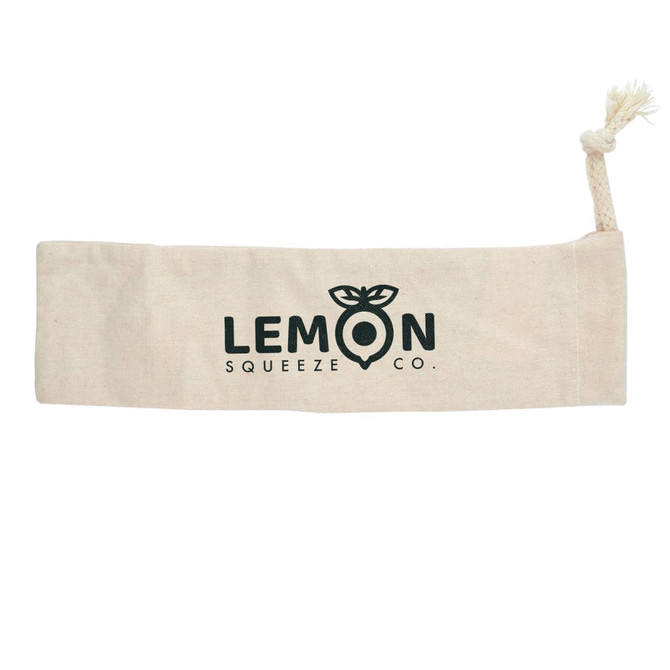 A natural-coloured drawstring pouch featuring a logo, ideal for carrying small items.