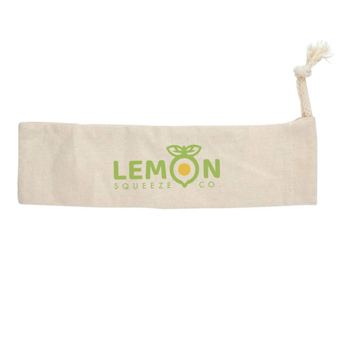 A cream-coloured drawstring pouch with a logo in green and yellow. Ideal for various small items.