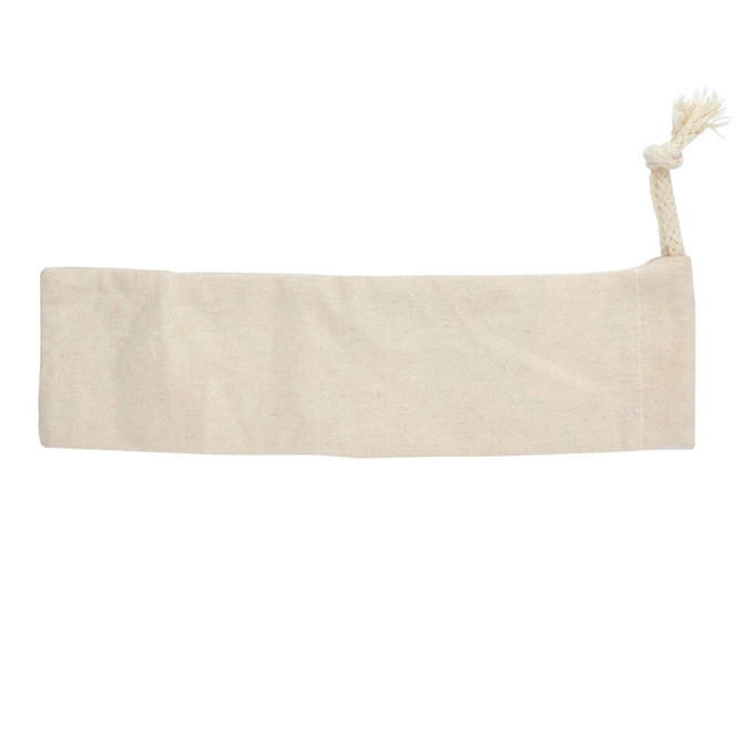 A beige calico drawstring pouch with a rope closure, featuring a simple design and no visible branding.