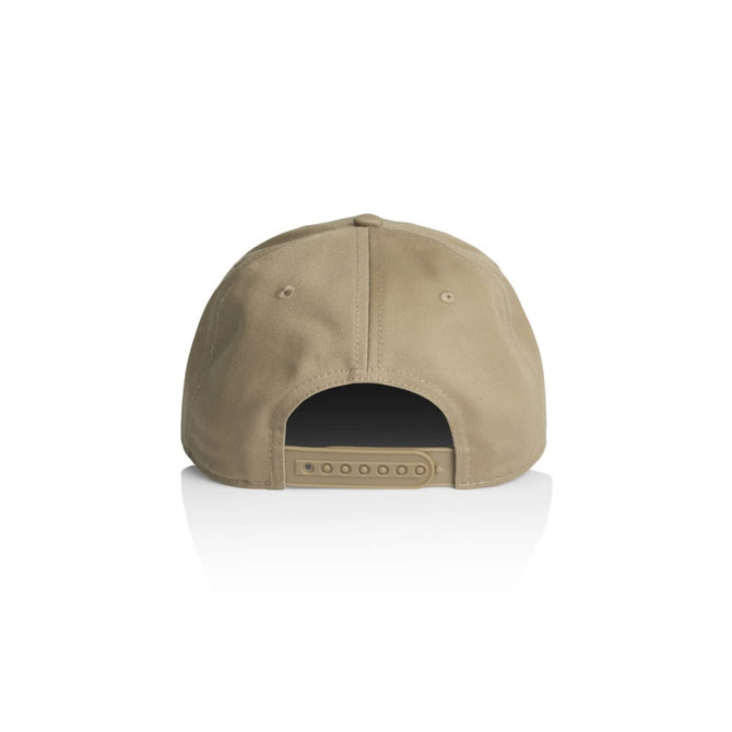 A khaki cap with a flat brim and an adjustable strap at the back. It features a logo on the side.
