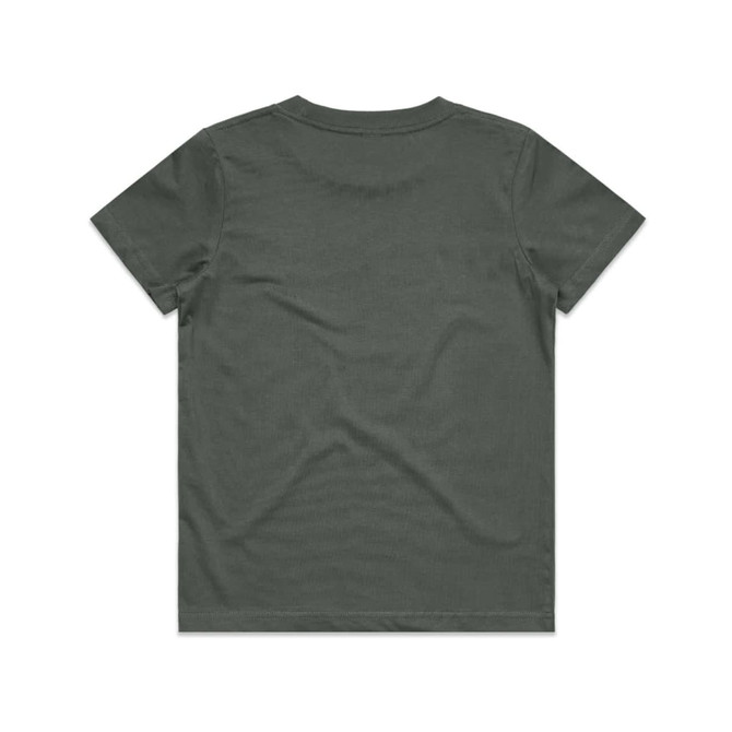 A green youth t-shirt with a classic short-sleeve design and a plain back. It features a logo on the label.