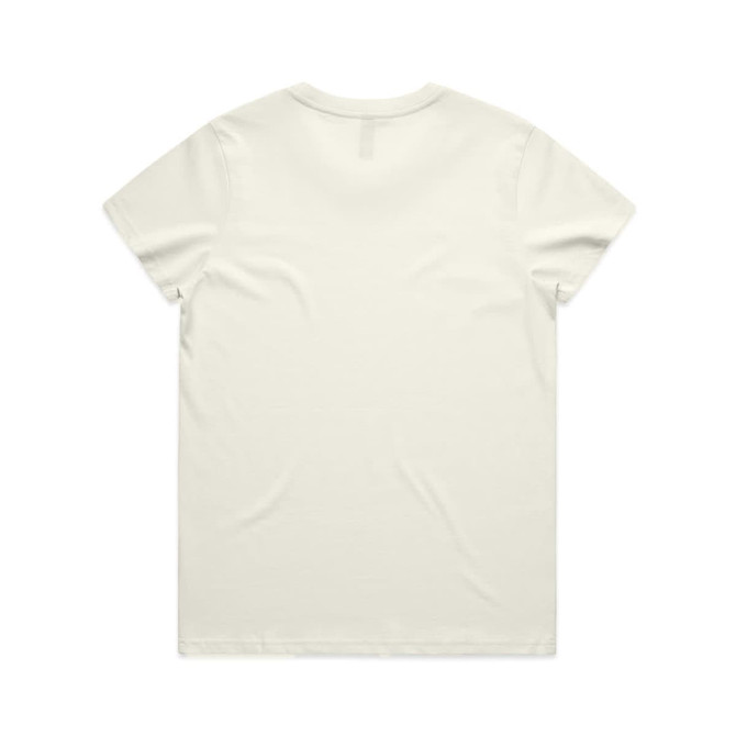 A plain cream-coloured t-shirt with short sleeves and a round neckline, featuring a logo on the back.