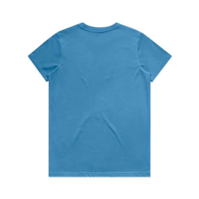 A blue t-shirt with a plain back, featuring a logo. Suitable for casual wear.