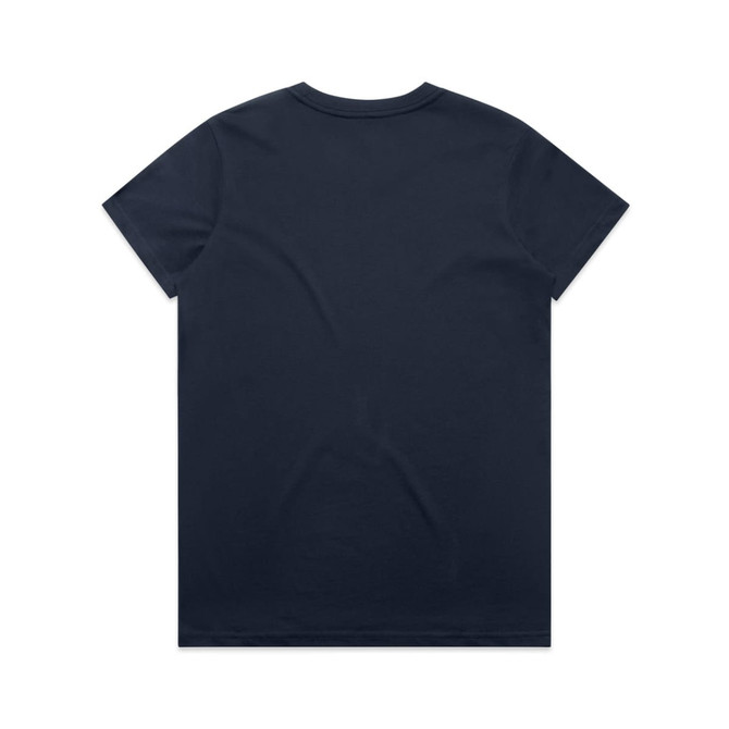 A navy blue T-shirt with a simple design and a logo. The back view shows a smooth, plain surface.