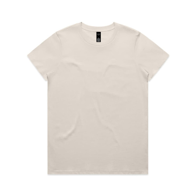 A plain cream-coloured T-shirt made of soft fabric with a simple crew neckline. It features a logo tag inside.