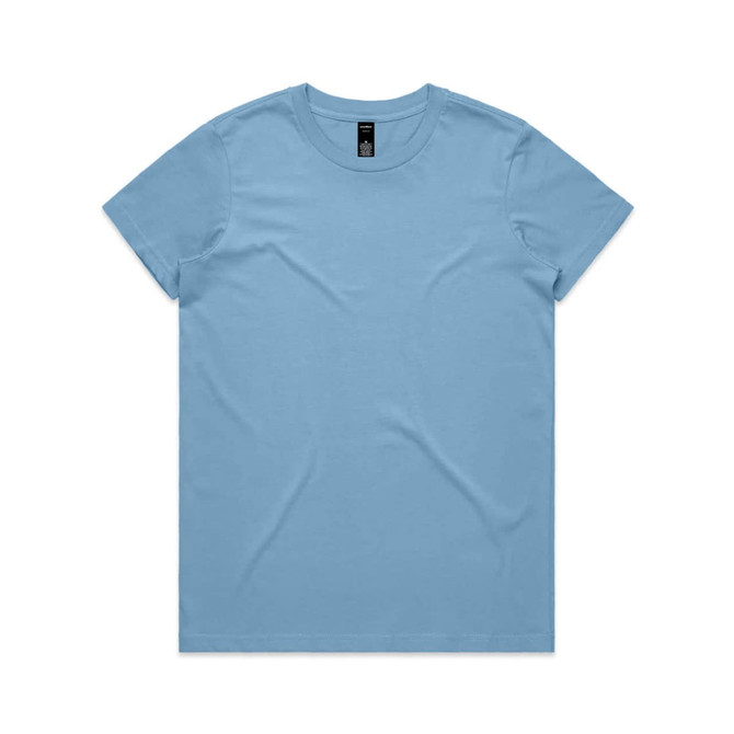 A light blue T-shirt with a crew neck and a small logo on the label.