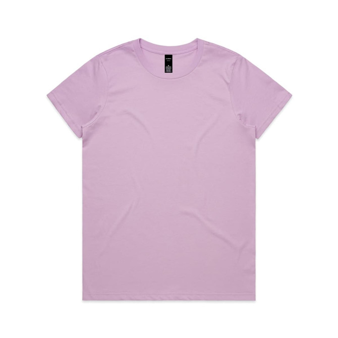 A light purple T-shirt featuring a round neckline and short sleeves, with a branding tag at the collar.