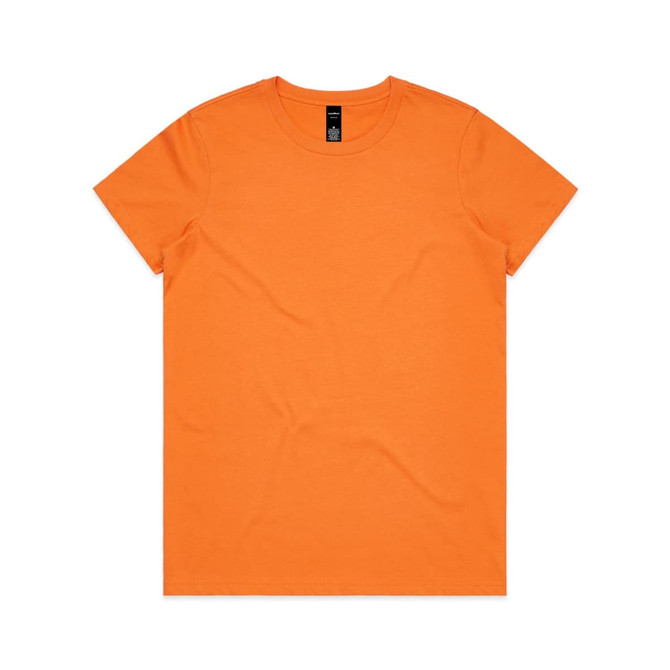 An orange T-shirt with a round neckline and short sleeves, featuring a logo on the tag.