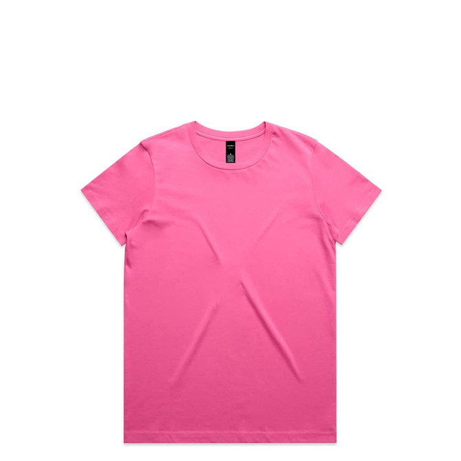 A pink T-shirt featuring a round neckline and a branding label on the inside neck. 