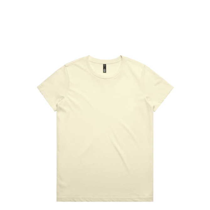 A plain cream-coloured t-shirt with a round neckline and short sleeves, featuring a logo.