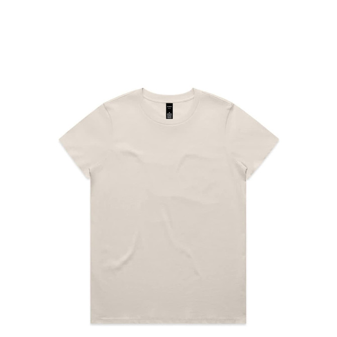 A plain beige t-shirt with short sleeves and a branding tag inside the collar.