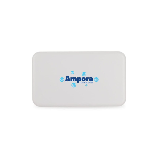 A white power bank with a logo, featuring a sleek, rectangular design suitable for portable charging.