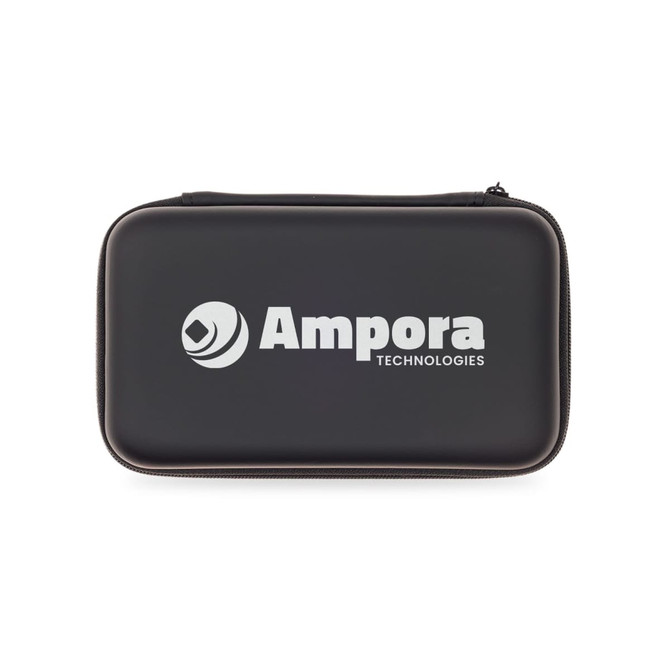 A black zippered case featuring a logo, designed to hold electronic accessories or gadgets.