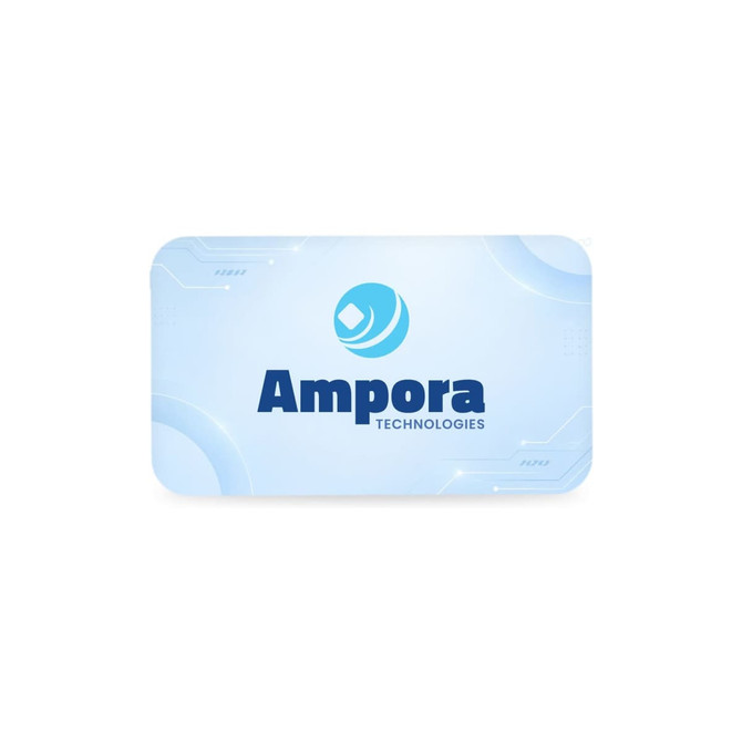 A rectangular promotional card with a light blue background, featuring a logo and brand name.