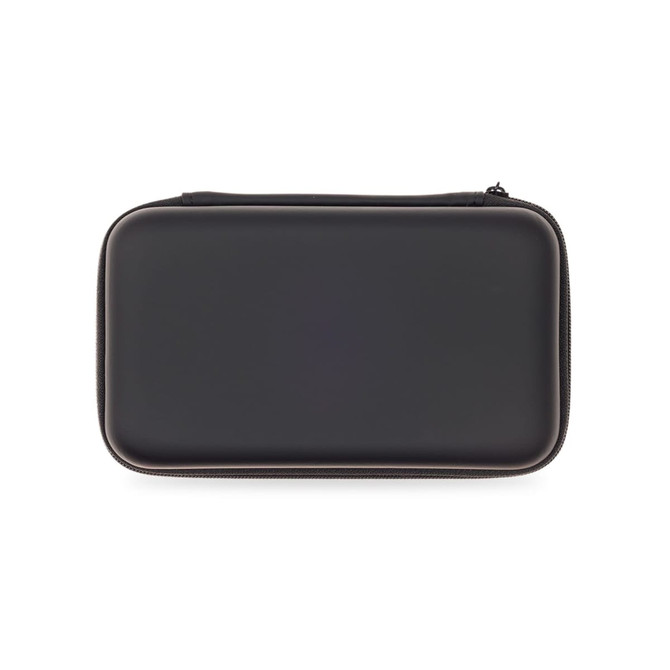 A sleek black power bank case with a zip closure and a logo on the surface.