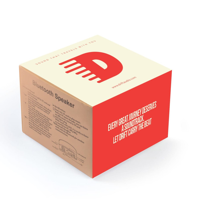 A square box featuring a Bluetooth speaker design in red and beige, with branding and product details.