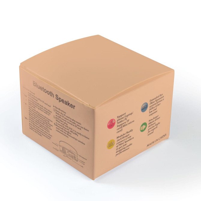 A beige box containing a Bluetooth speaker, featuring a logo and various product details on the sides.