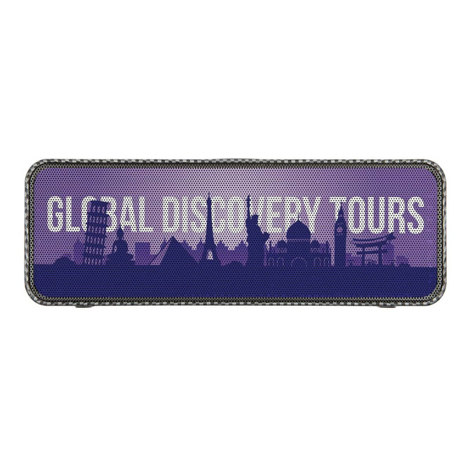A purple speaker with a skyline graphic and a logo, featuring silhouettes of famous landmarks.
