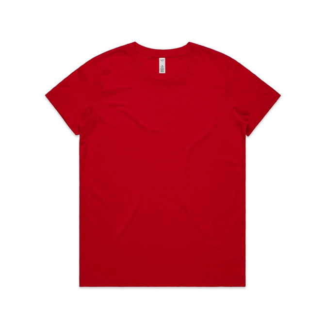 A red T-shirt with a simple design, featuring a logo on the label. A red T-shirt with a simple design, featuring a logo on the label.