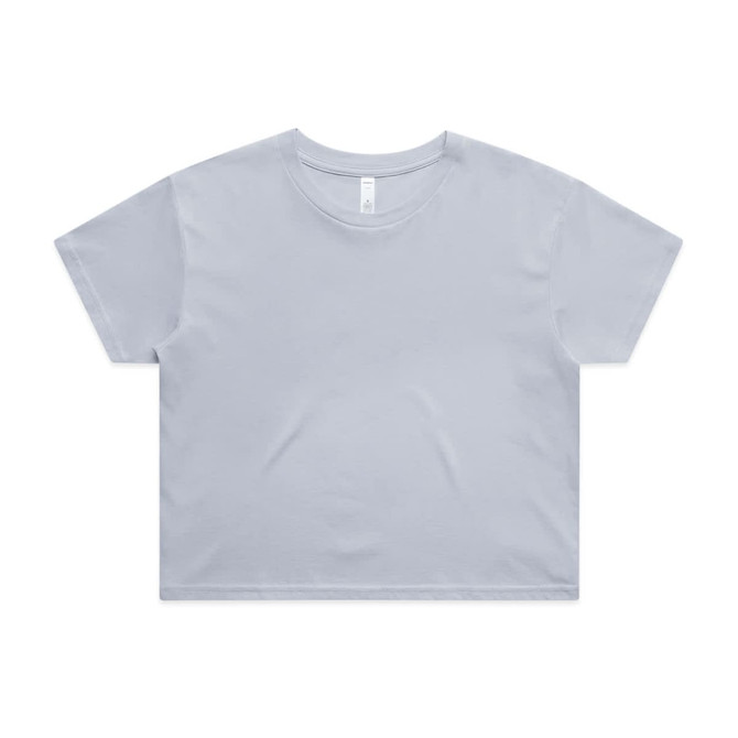 A light blue crop tee with a relaxed fit and a simple design. It has a logo on the label.