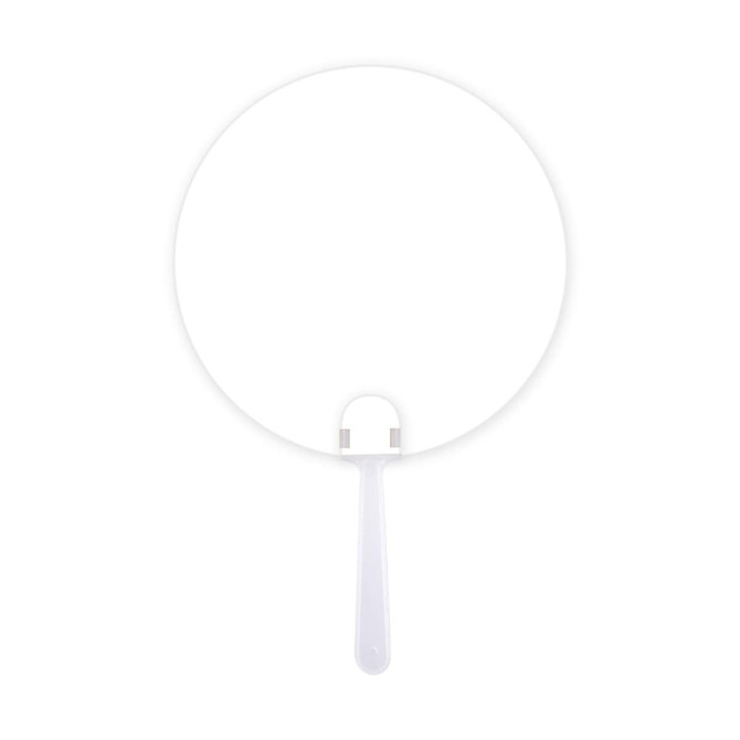 A circular white fan with a handle, featuring a simple design and a logo on the handle.