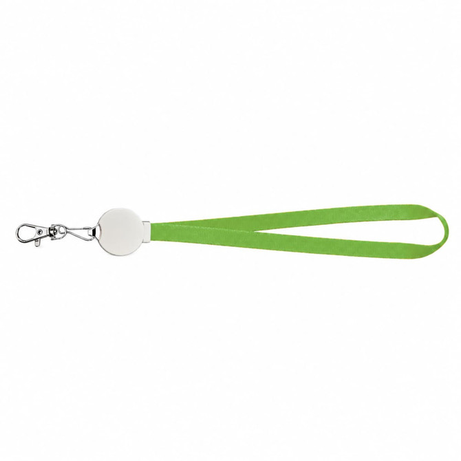 A green lanyard cable with a circular attachment and a clip at one end. It features a logo on the circular part.