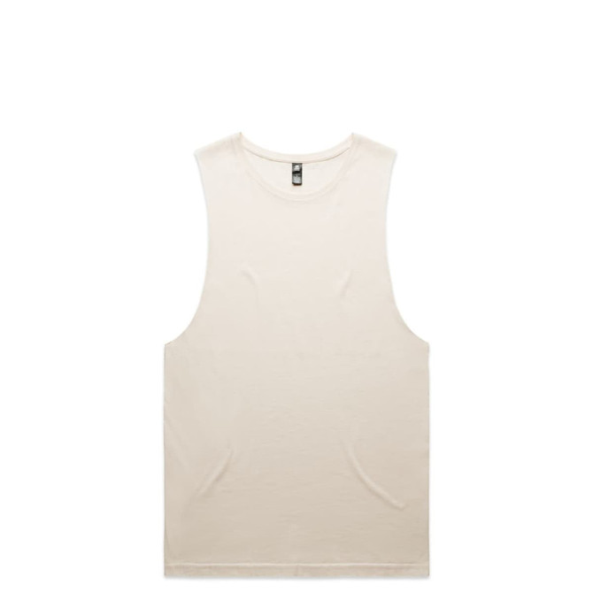A plain cream singlet tank top featuring a round neckline and no sleeves, with a branding logo.
