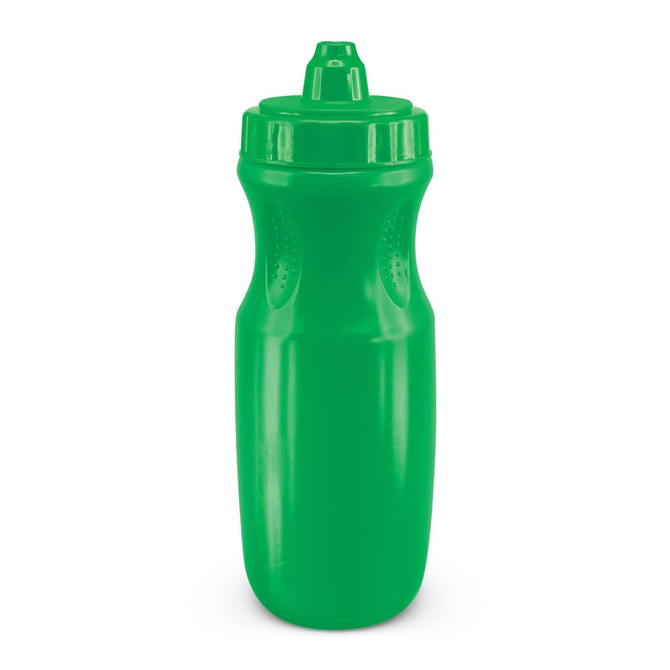 A drink bottle in bright green with a textured grip and a sports cap. Features a logo on the side.