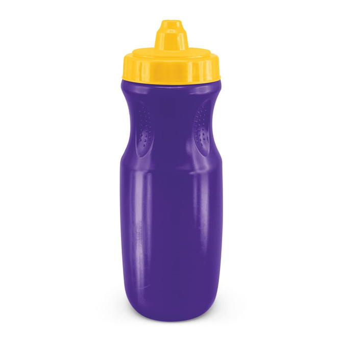 A drink bottle in purple with a yellow lid, featuring a curved design and a logo.