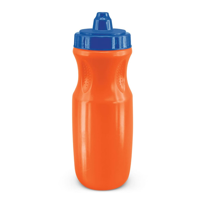 A drink bottle in vibrant orange with a blue lid, featuring a textured grip and a sports-style nozzle.