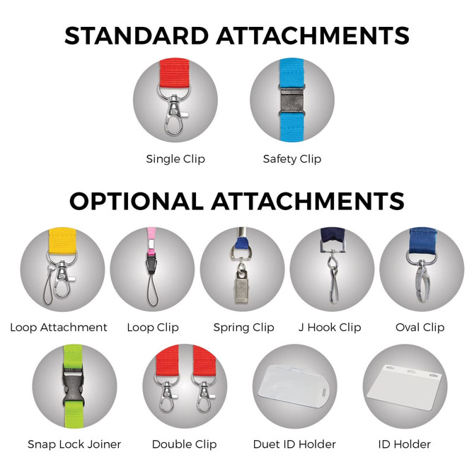 A variety of lanyard attachments including clips and holders in multiple colours displayed in a grid format.