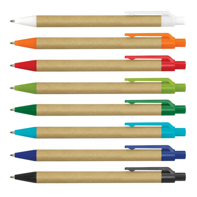 A selection of plastic pens with Kraft paper bodies in various colours: white, orange, red, green, blue, and black.