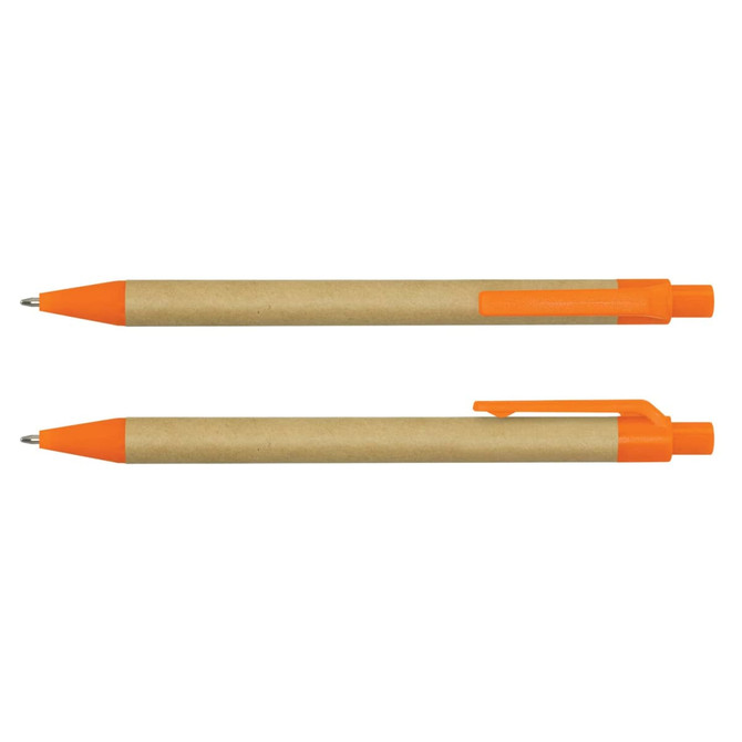 A Kraft pen with an orange plastic tip and clip, featuring a brown paper barrel and a logo.