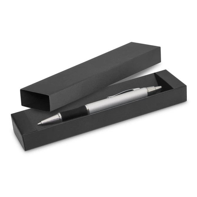 A sleek black wedge gift box containing a silver pen with a black grip. The box is open, showcasing the pen inside. A sleek black wedge gift box containing a silver pen with a black grip. The box is open, showcasing the pen inside.