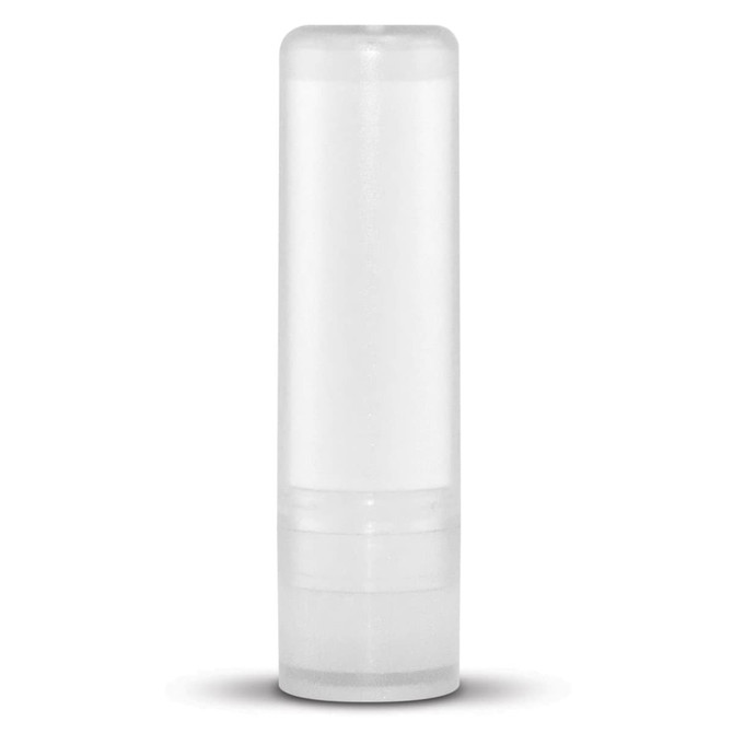 A lip balm tube in a clear, cylindrical design.